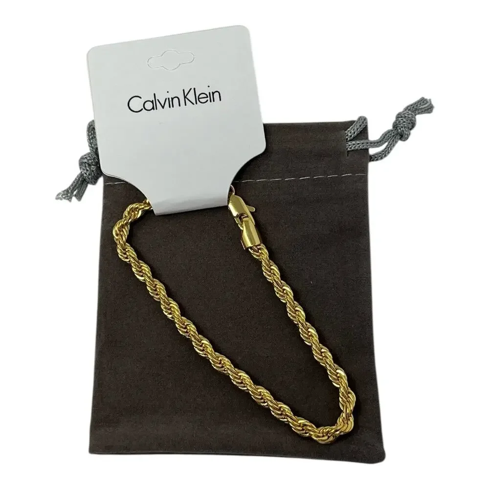 Calvin Klein Men’s Gold-Tone Rope Chain Bracelet – 9” Polished Twist Design, NWT